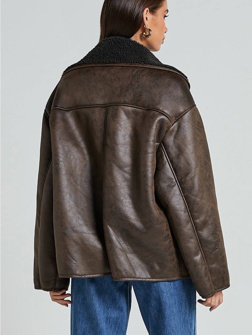 NWT Pink Diamond Dark Brown Faux Leather Shearling-Trim Jacket - Picture 3 of 8